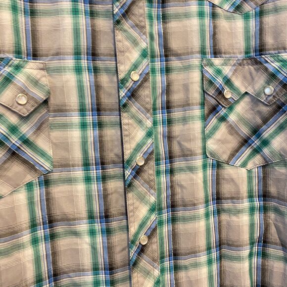 Vtg Wrangler Pearl Snap Button Plaid Green Western Silver Metallic Thread XXXL - Picture 6 of 9